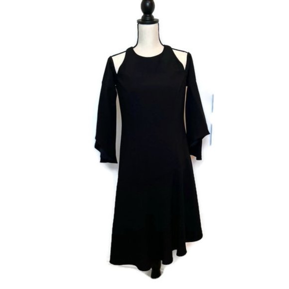 SCRIPTED M Cold Shoulder Bell Sleeve Little Black Dress Asymmetrical - Picture 1 of 16